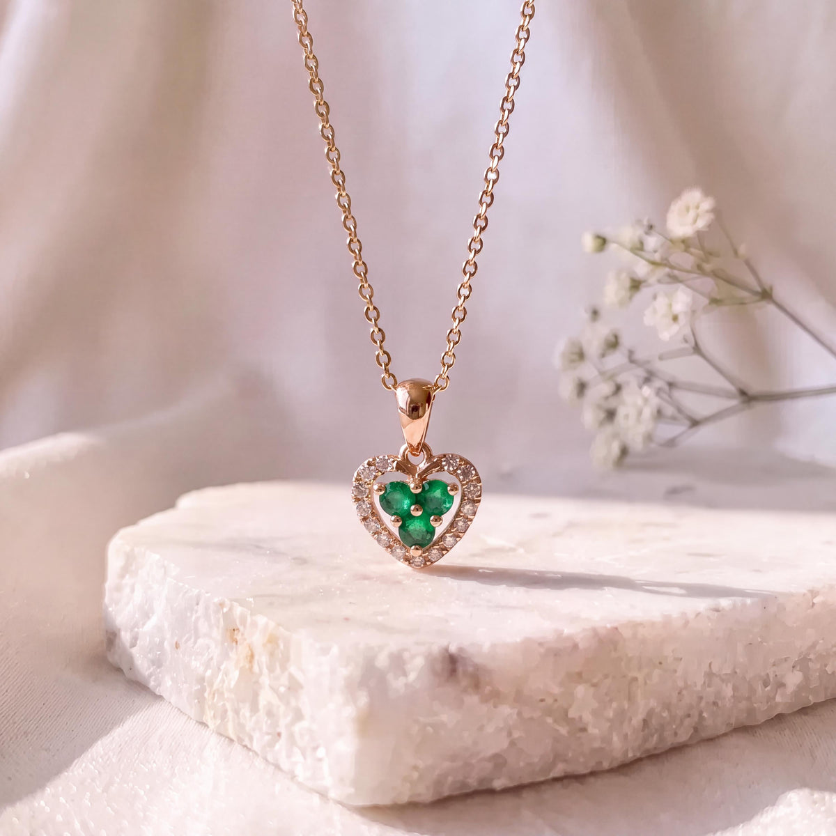 Genuine Emerald and Diamond Heart Halo Pendant, 14k Solid Gold, May Birthstone, Gift for Her
