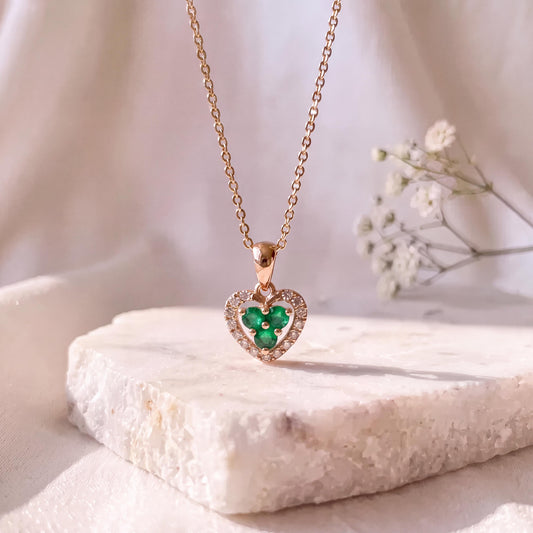 Genuine Emerald and Diamond Heart Halo Pendant, 14k Solid Gold, May Birthstone, Gift for Her