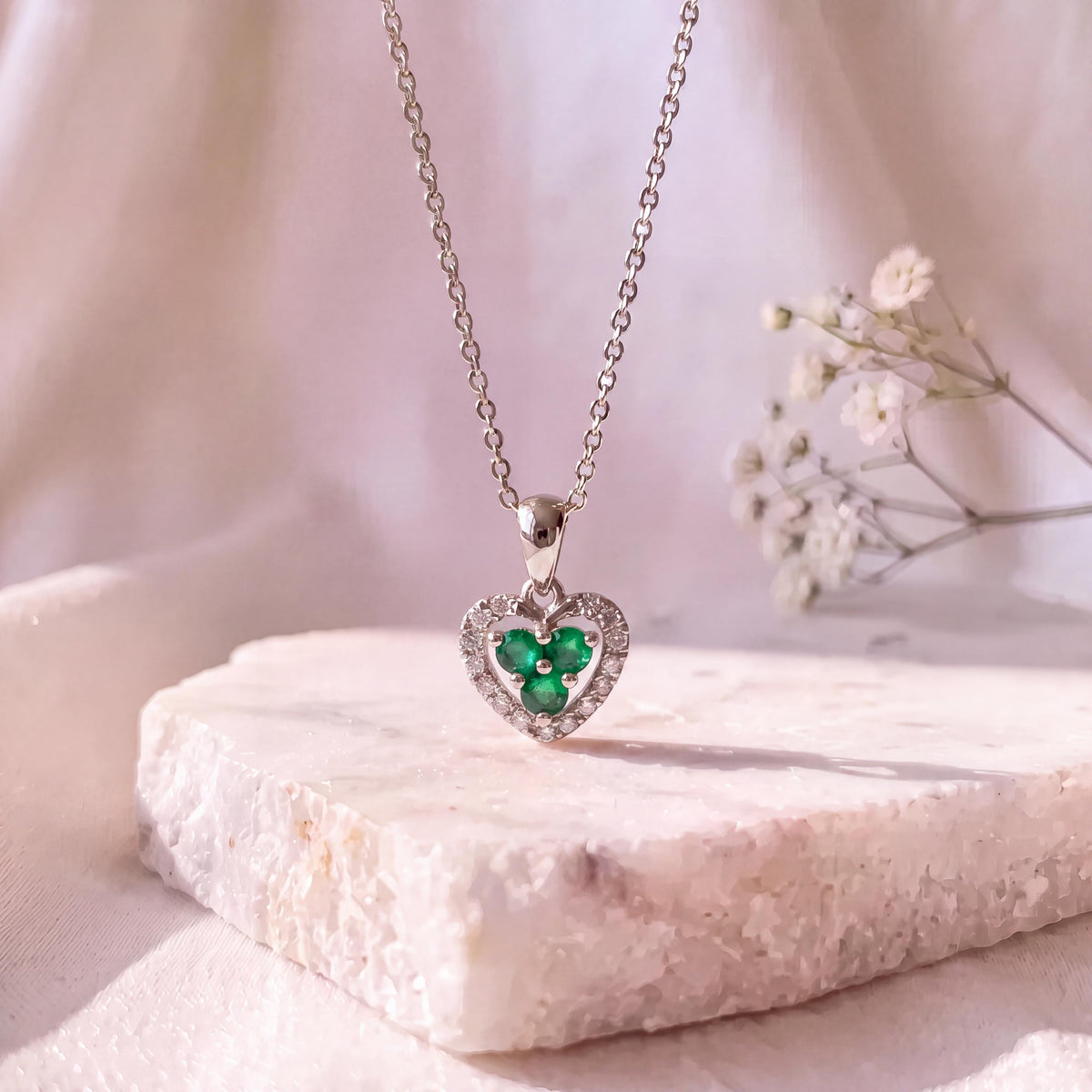 Genuine Emerald and Diamond Heart Halo Pendant, 14k Solid Gold, May Birthstone, Gift for Her