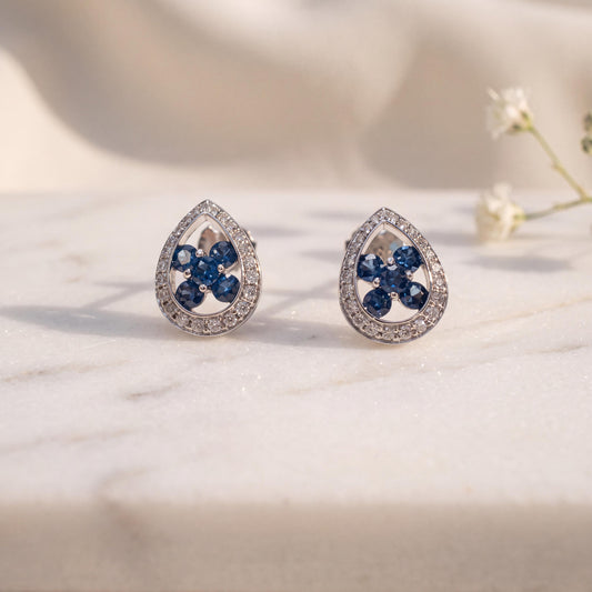 14k White Gold Teardrop Sapphire Cluster Earrings, Diamond Halo Studs, September Birthstone