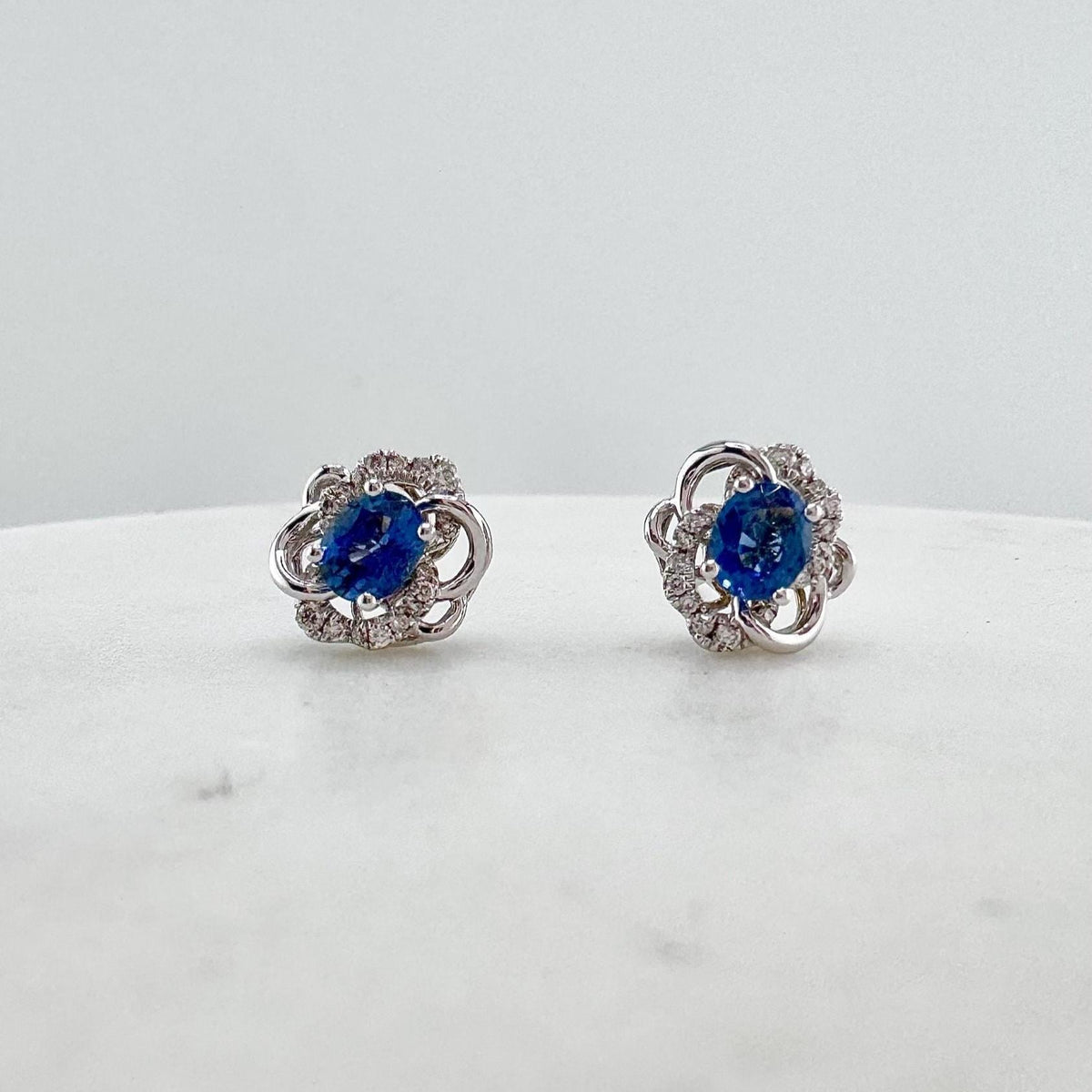 18k White Gold Oval Sapphire Diamond Flower Stud Earrings, September Birthstone Gift