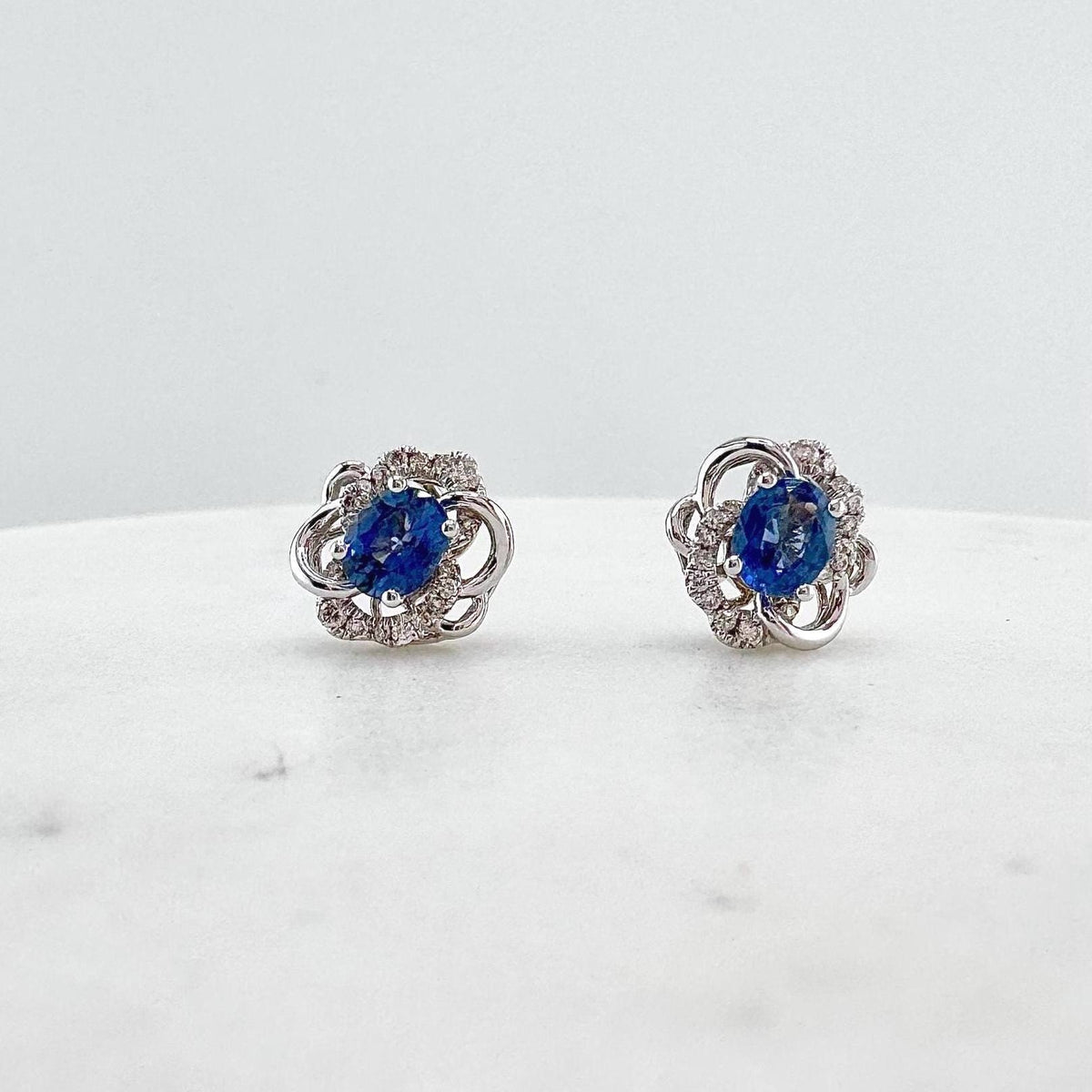 18k White Gold Oval Sapphire Diamond Flower Stud Earrings, September Birthstone Gift