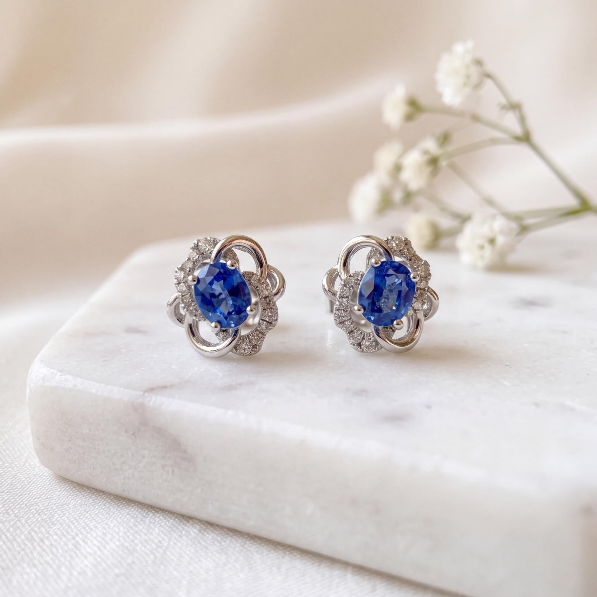 18k White Gold Oval Sapphire Diamond Flower Stud Earrings, September Birthstone Gift