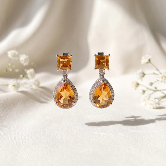 Genuine Citrine and Diamond Teardrop and Princess Cut Earrings in 14k Solid Gold