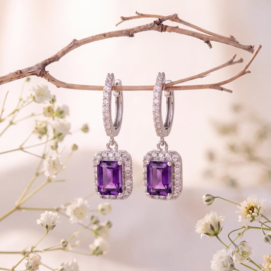 Genuine Amethyst Emerald Cut Dangle Hoops in 14k Solid Gold