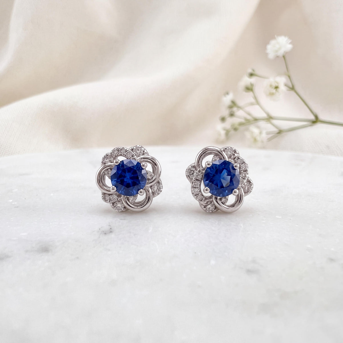18k White Gold Oval Sapphire Diamond Flower Stud Earrings, September Birthstone Gift