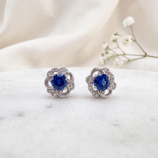 18k White Gold Oval Sapphire Diamond Flower Stud Earrings, September Birthstone Gift