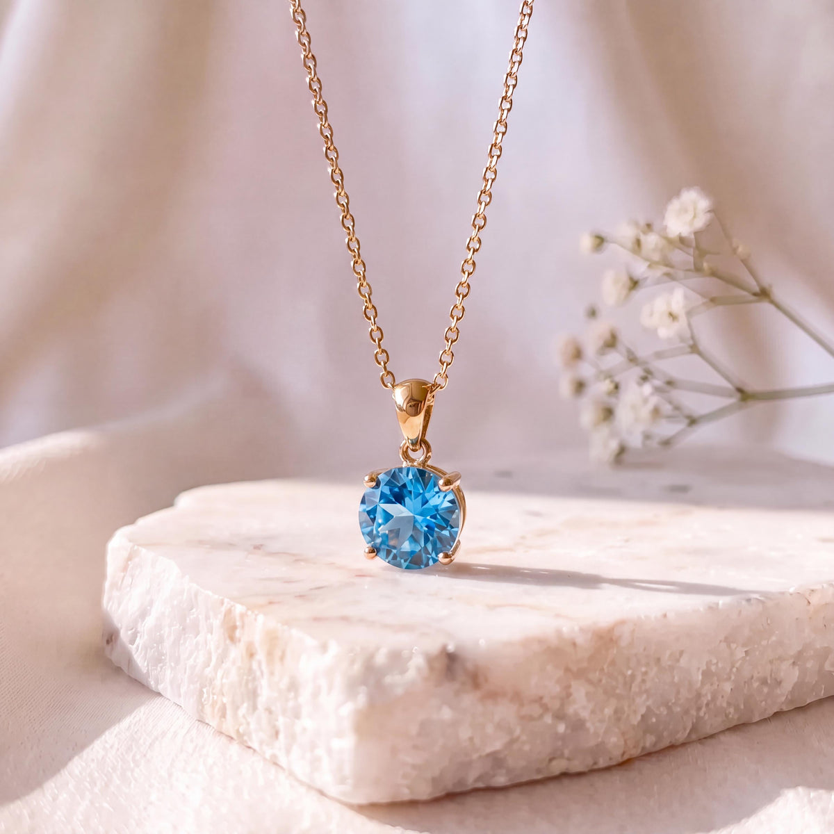 Genuine Blue Topaz Solitaire Round Cut Pendant, 7mm, 14k Solid Gold, December Birthstone