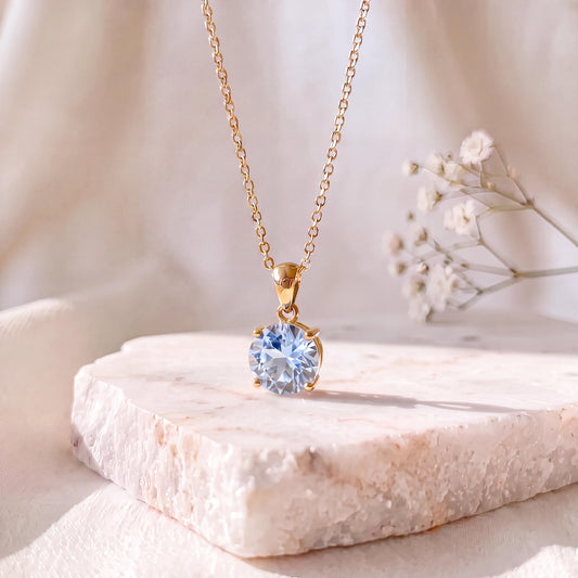 Genuine Aquamarine Solitaire Round 7mm Pendant in 14k Solid Gold