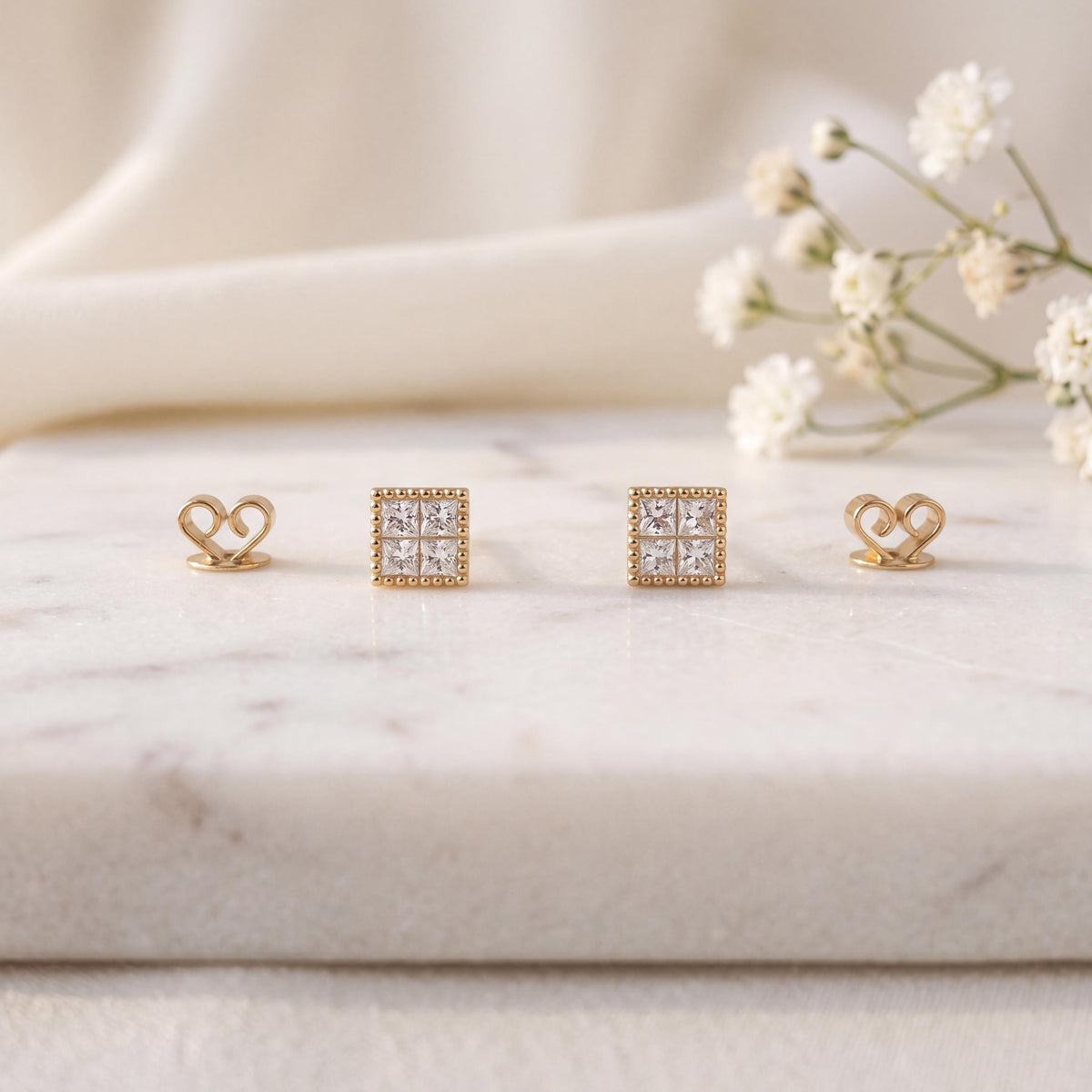 Genuine Diamond Square Bezel Stud Earrings in 18k Solid Gold