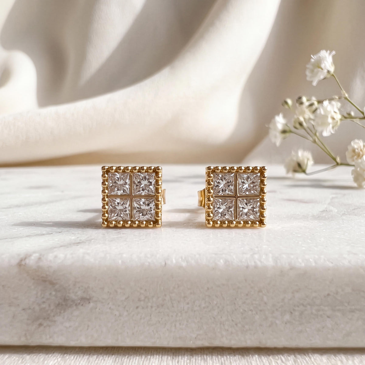 Genuine Diamond Square Bezel Stud Earrings in 18k Solid Gold