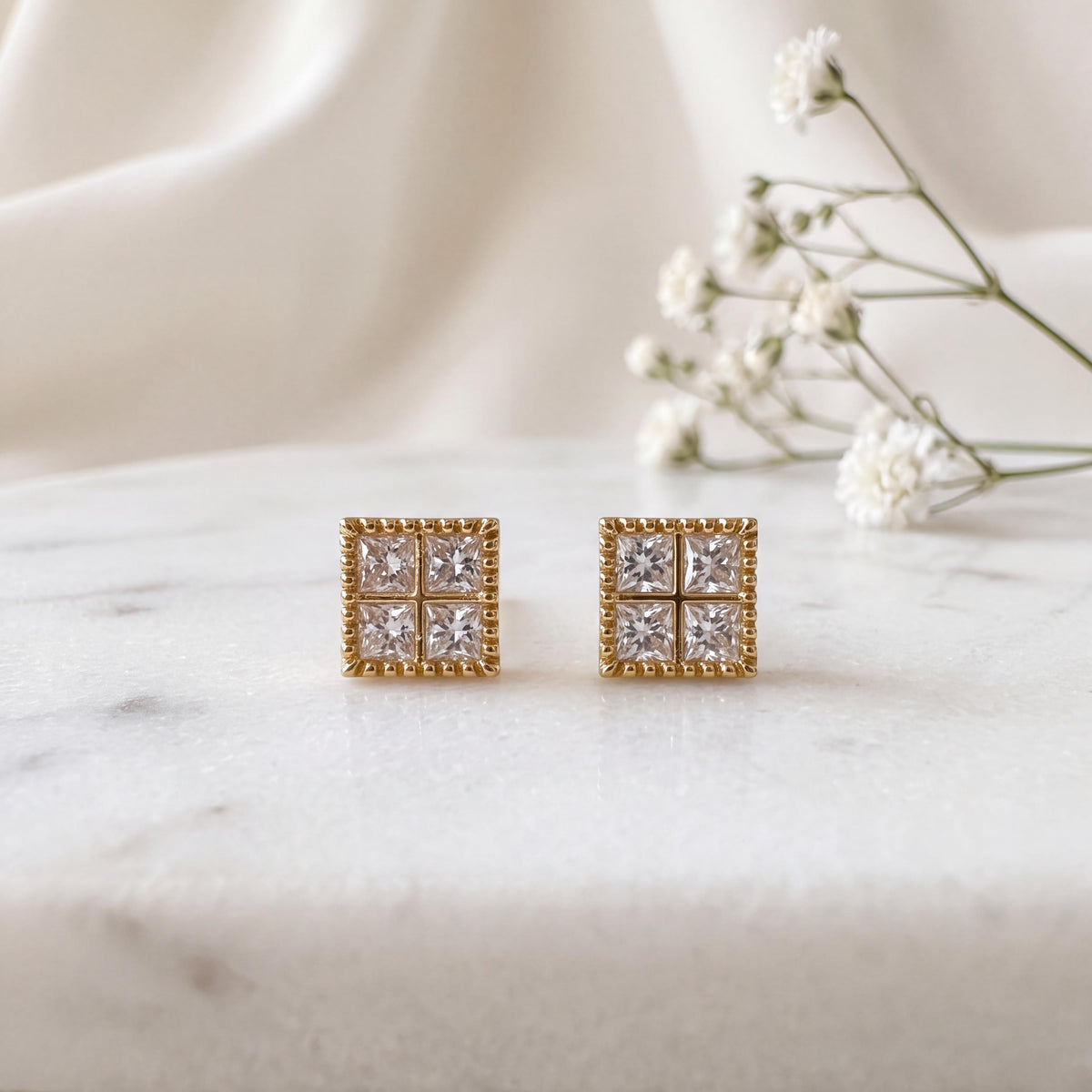 Genuine Diamond Square Bezel Stud Earrings in 18k Solid Gold