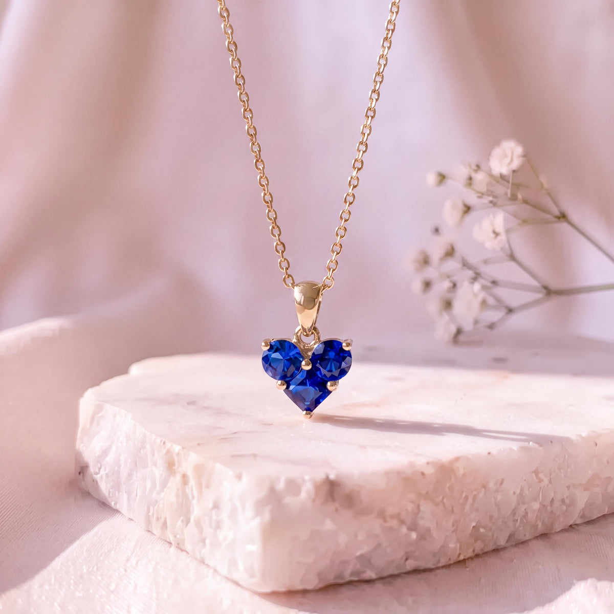 Genuine Sapphire Heart Trio Pendant, 14k Solid Gold, September Birthstone, Gift for Her