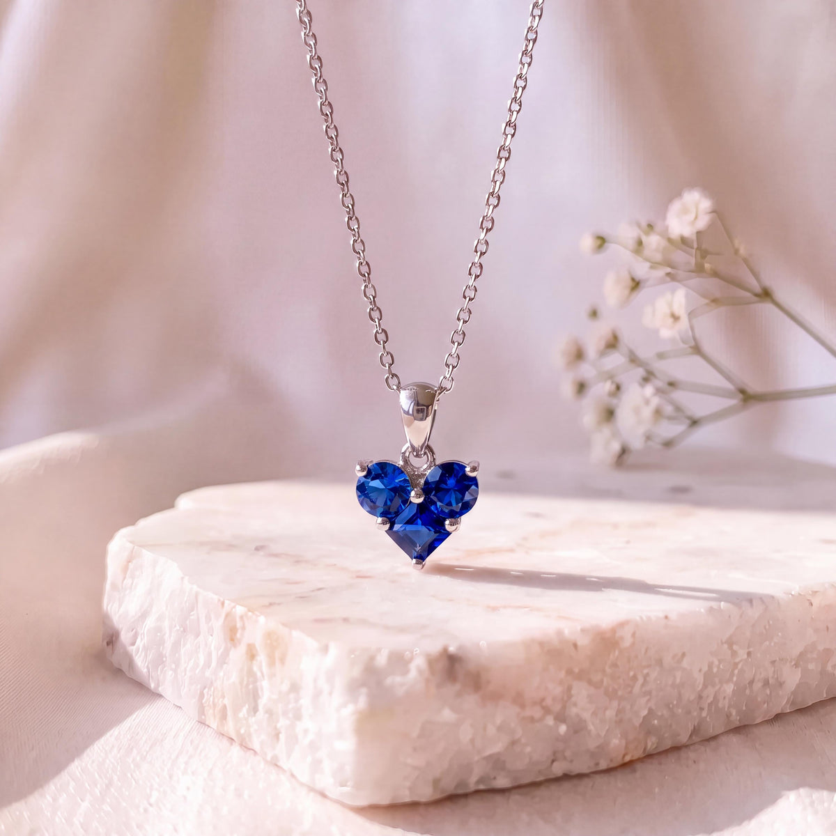 Genuine Sapphire Heart Trio Pendant, 14k Solid Gold, September Birthstone, Gift for Her