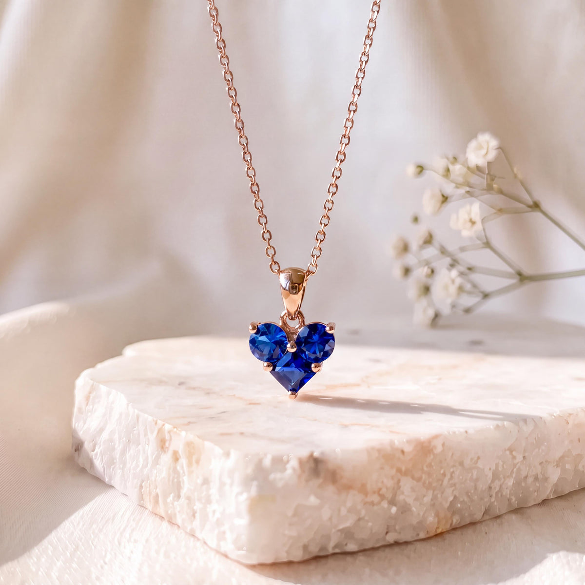 Genuine Sapphire Heart Trio Pendant, 14k Solid Gold, September Birthstone, Gift for Her