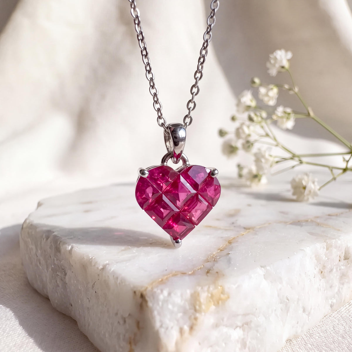 Genuine Ruby Heart Pavé Pendant, 18k Solid White Gold, July Birthstone, Gift for Her