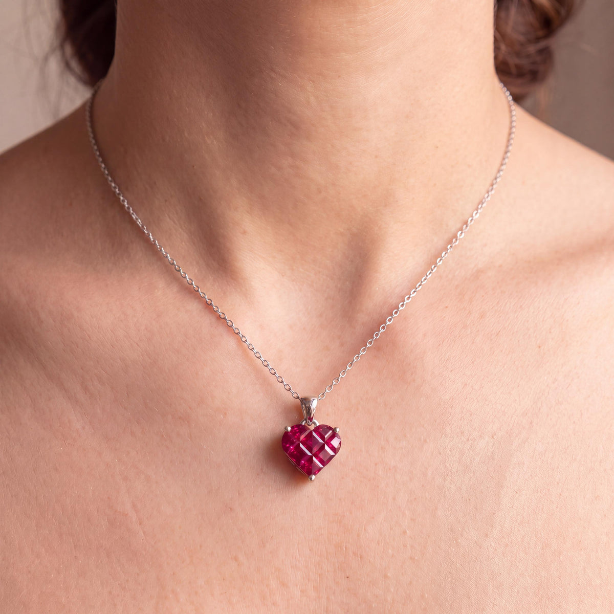 Genuine Ruby Heart Pavé Pendant, 18k Solid White Gold, July Birthstone, Gift for Her