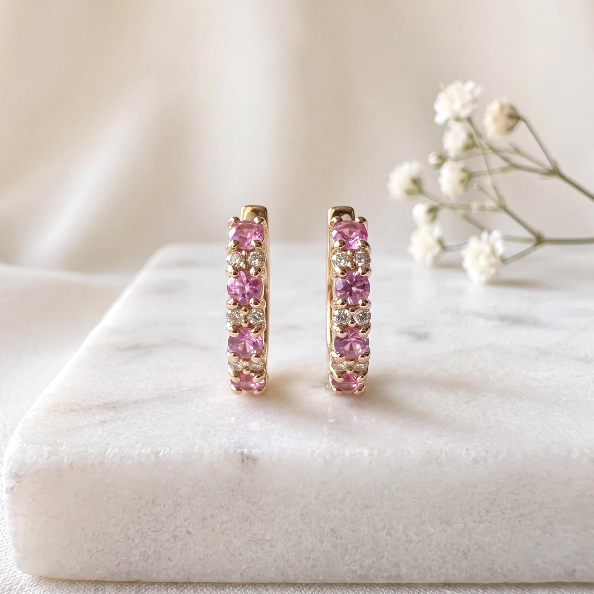 14k Rose Gold Huggie Hoop Earrings, Pink Sapphire & Diamond, September Birthstone