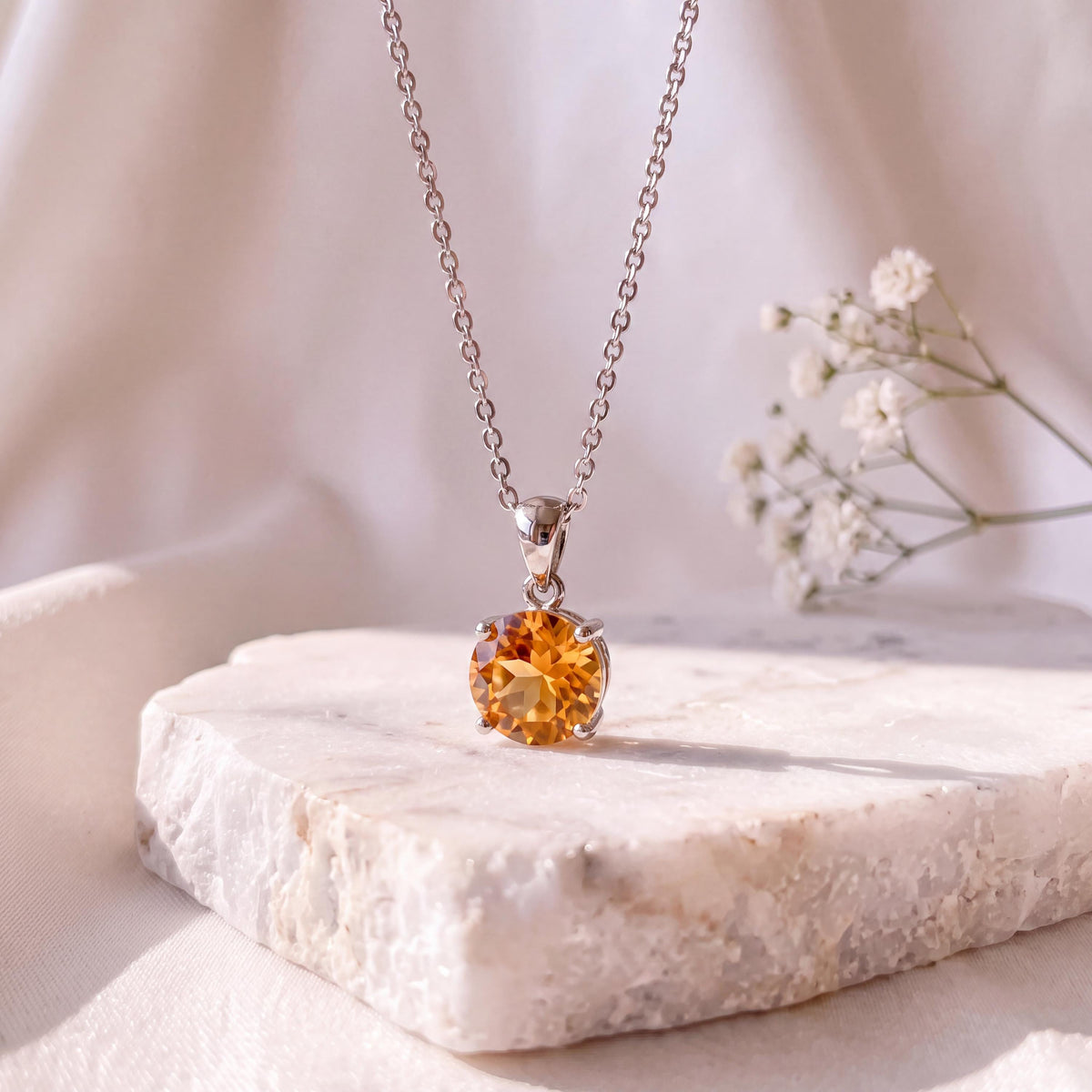 Genuine Citrine Solitaire Round Cut Pendant, 7mm, 14k Solid Gold, November Birthstone GIft