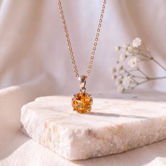 Genuine Citrine Solitaire Round Cut Pendant, 7mm, 14k Solid Gold, November Birthstone GIft