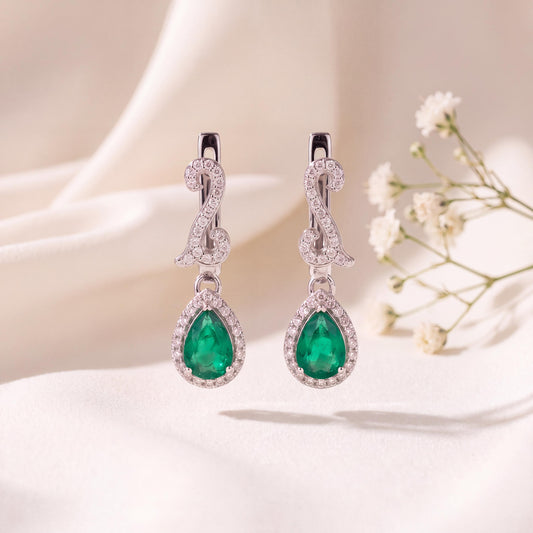 Genuine Emerald and Diamond Teardrop Hoops in 14k White Gold