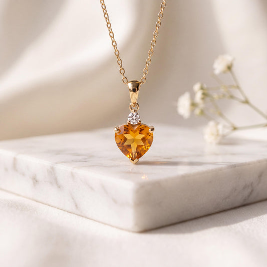 Genuine Citrine and Diamond Heart Pendant, 14k Solid Gold, November Birthstone, Gift for Her