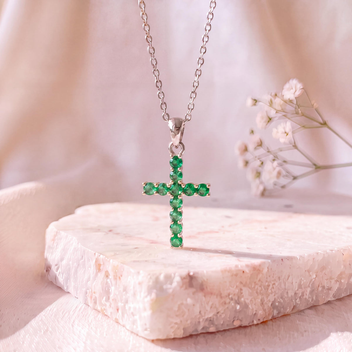 Genuine Emerald Round Cut Cross Pendant, Large, 14k Solid Gold, May Birthstone Gift