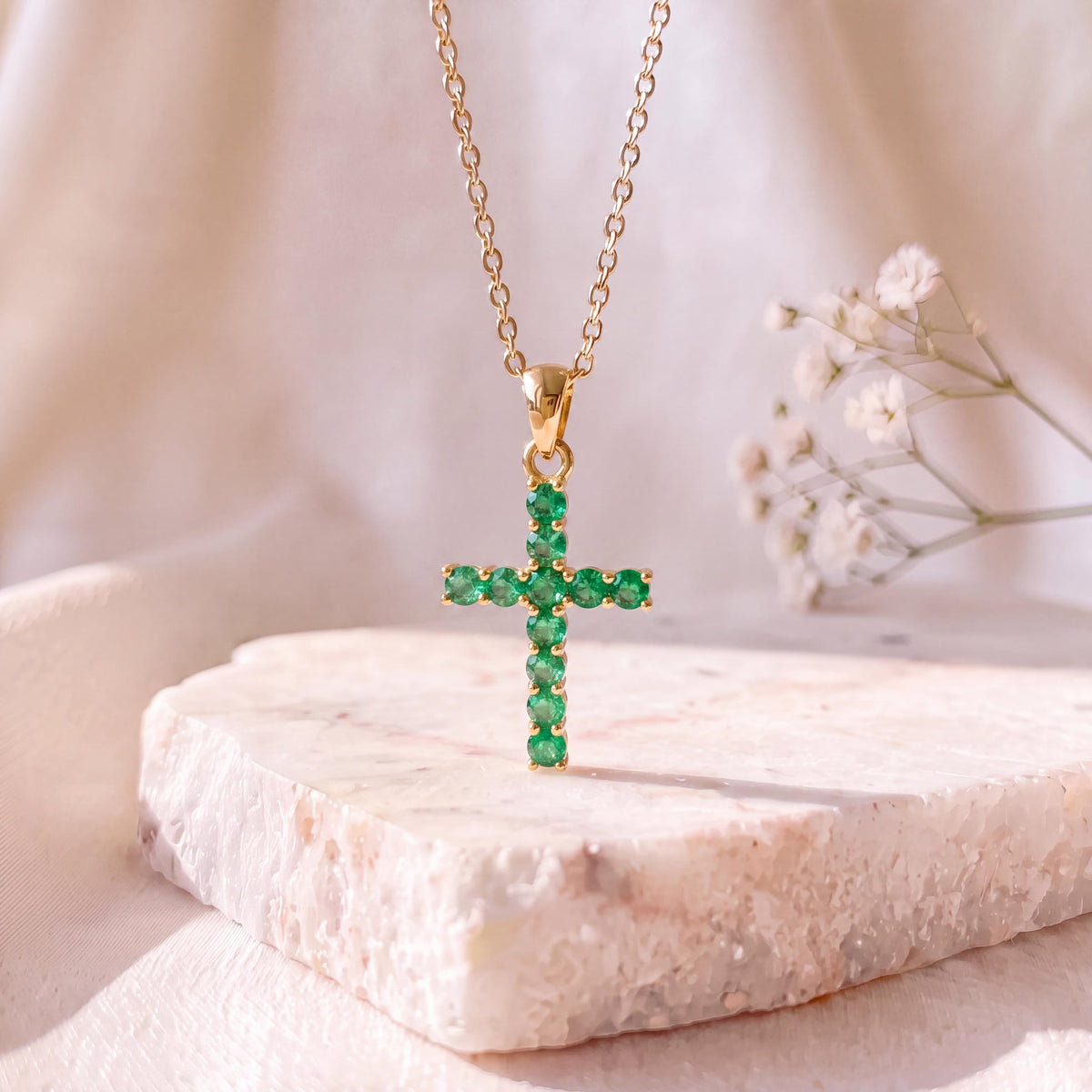 Genuine Emerald Round Cut Cross Pendant, Large, 14k Solid Gold, May Birthstone Gift