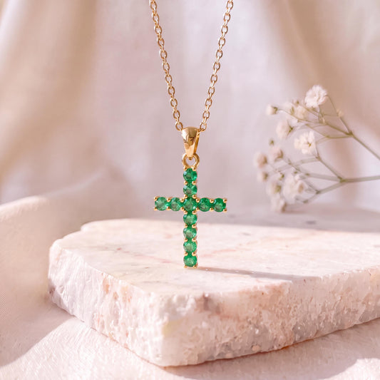 Genuine Emerald Round Cut Cross Pendant, Large, 14k Solid Gold, May Birthstone Gift