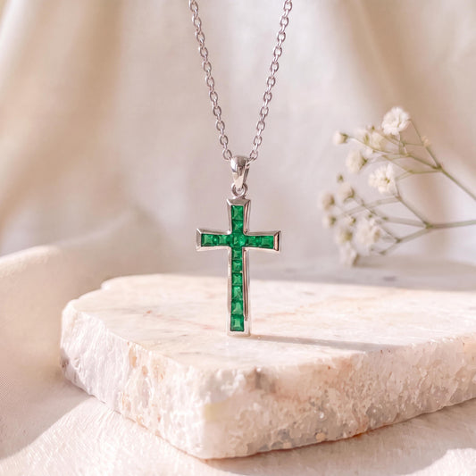 Genuine Emerald Tapered Cross Pendant in 18k Solid Gold