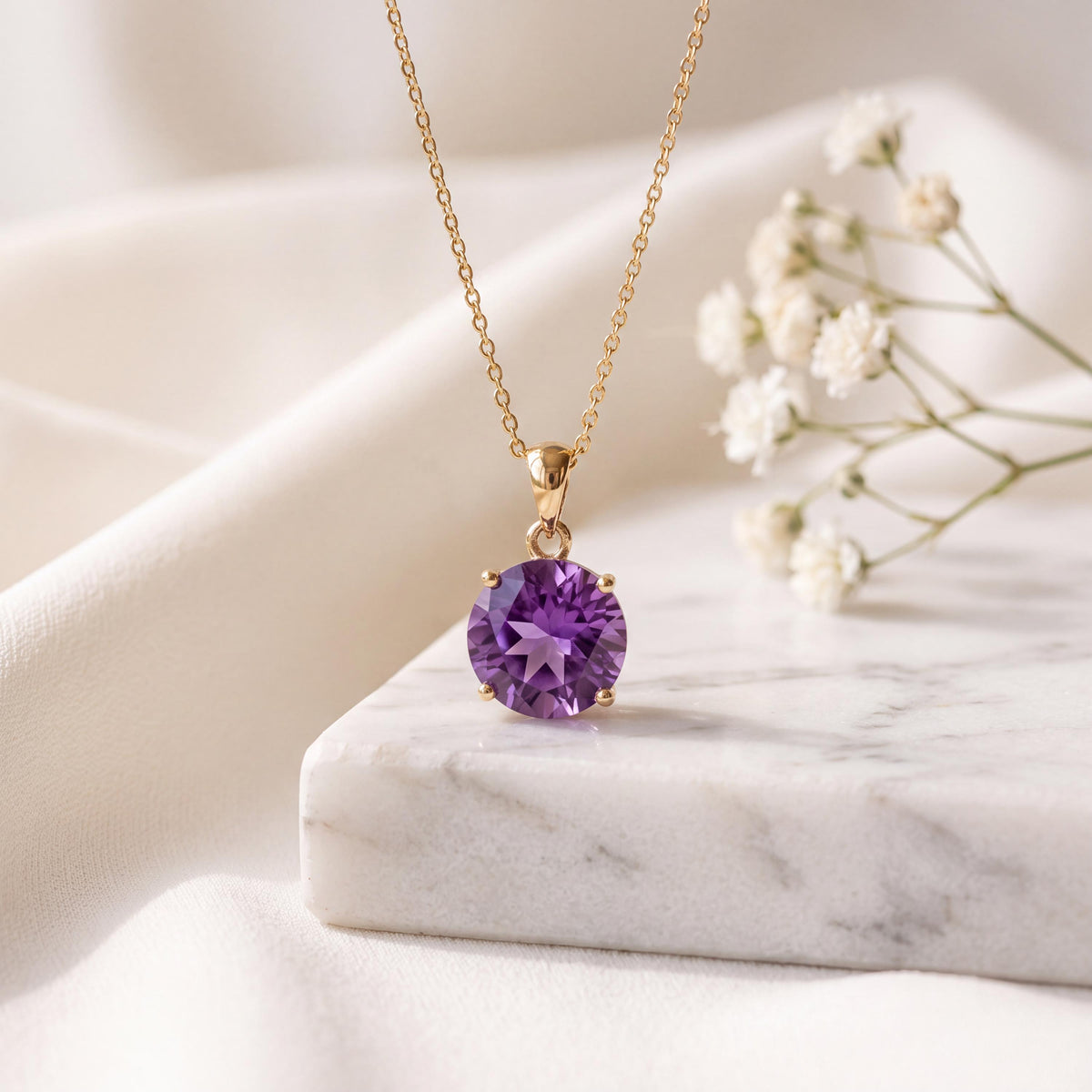 Genuine Amethyst Round Cut Pendant, 6.7mm, 14k Solid Gold, February Birthstone Gift