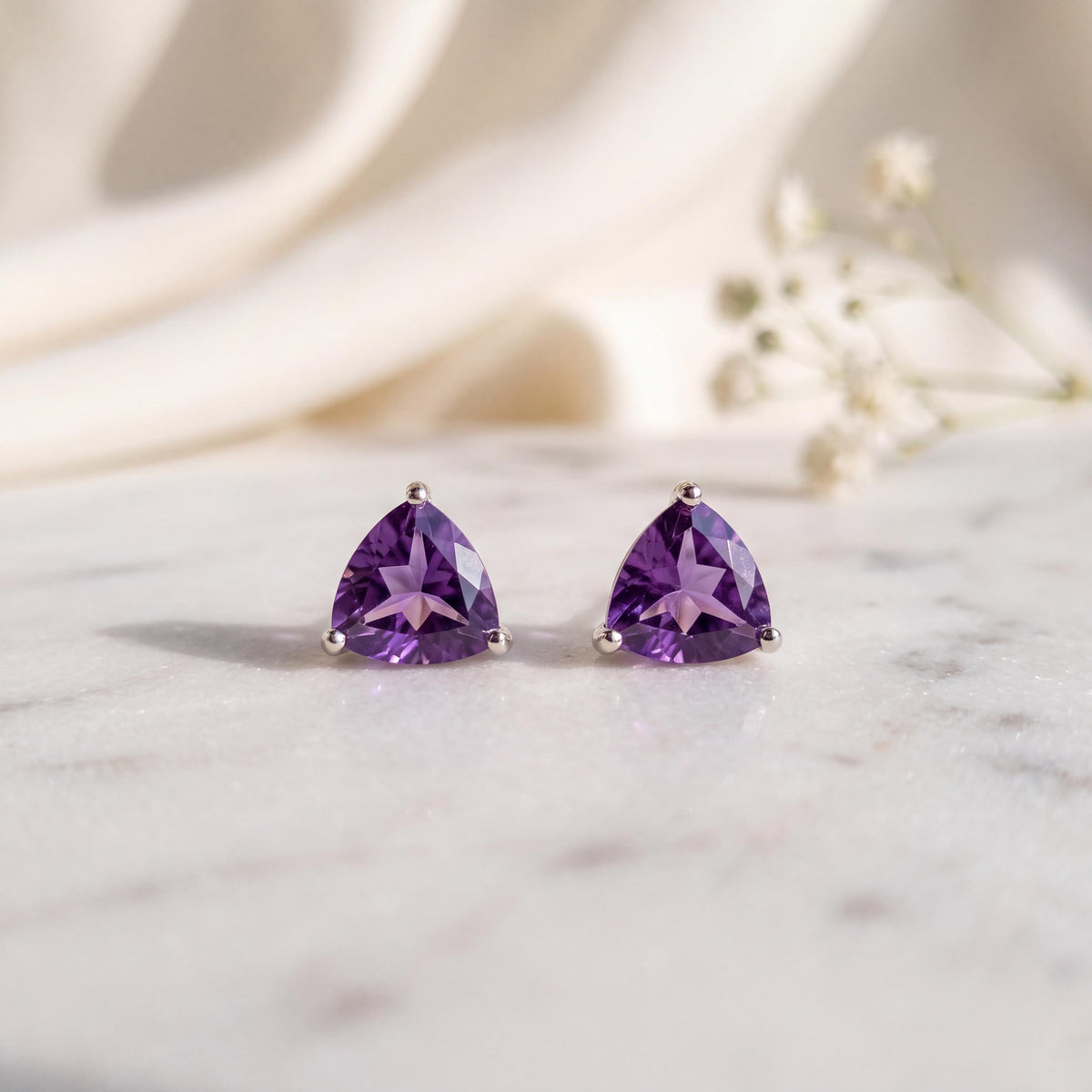 Genuine Amethyst Trillion Cut Stud Earrings, 14k Solid White Gold, February Birthstone, Gift for Her