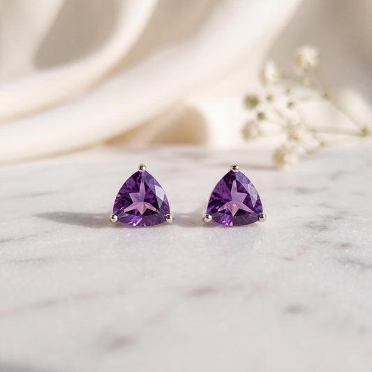 Genuine Amethyst Trillion Cut Stud Earrings, 14k Solid White Gold, February Birthstone, Gift for Her