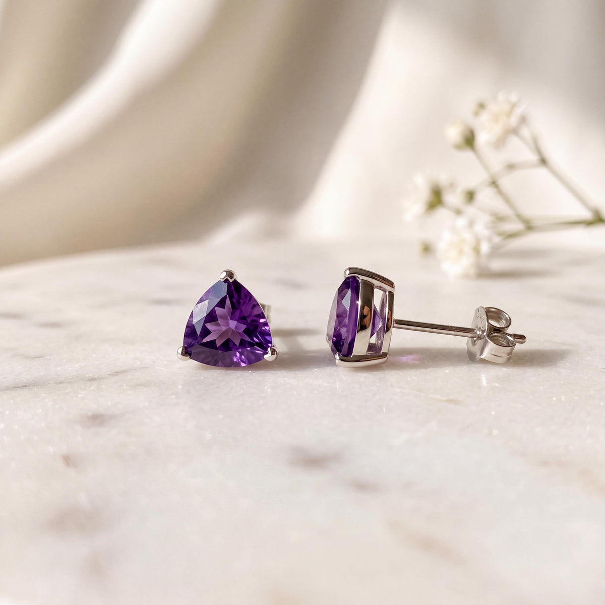 Genuine Amethyst Trillion Cut Stud Earrings, 14k Solid White Gold, February Birthstone, Gift for Her