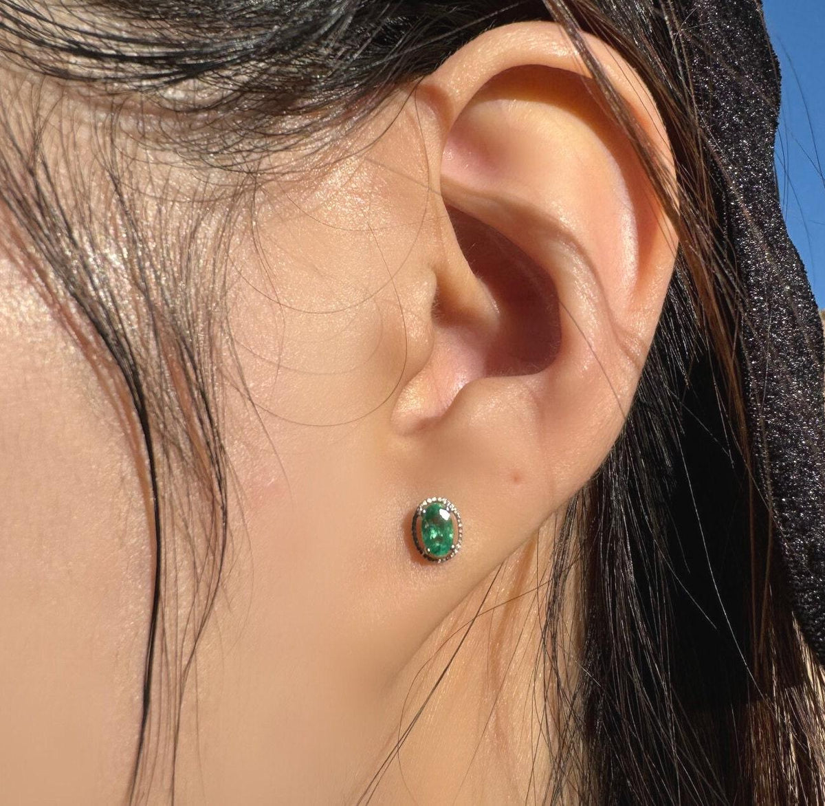 14k White Gold Oval Emerald Stud Earrings, May Birthstone, Solid Gold Jewelry