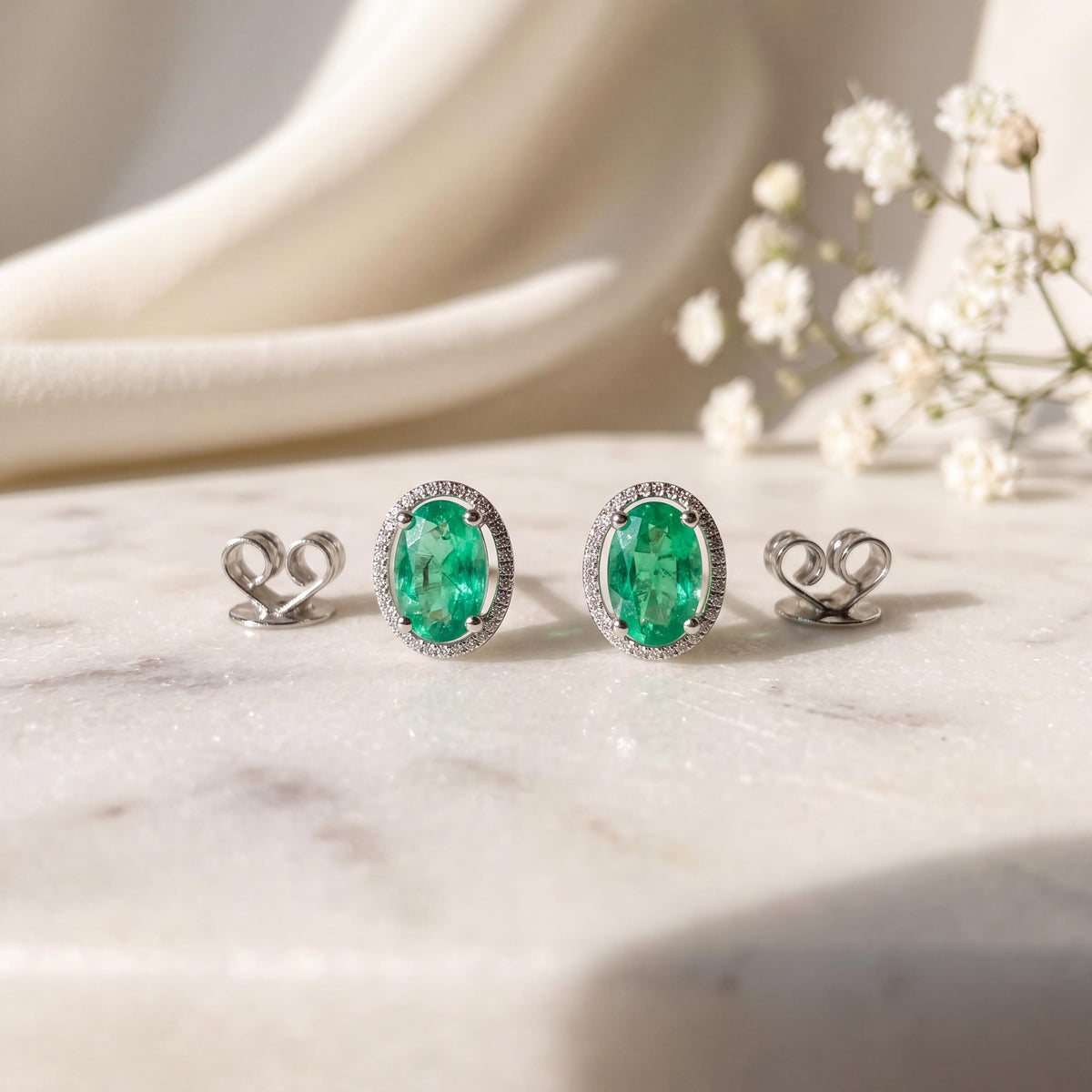 14k White Gold Oval Emerald Stud Earrings, May Birthstone, Solid Gold Jewelry