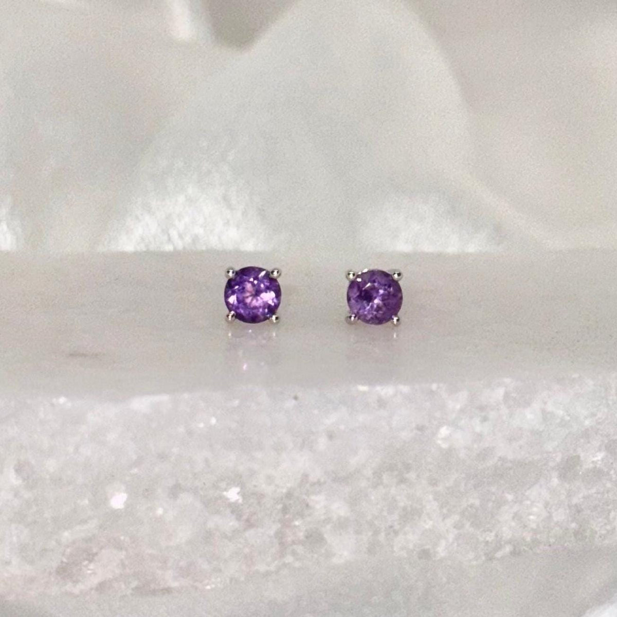 14k White Gold Amethyst Stud Earrings, 4mm Round Solitaire, February Birthstone