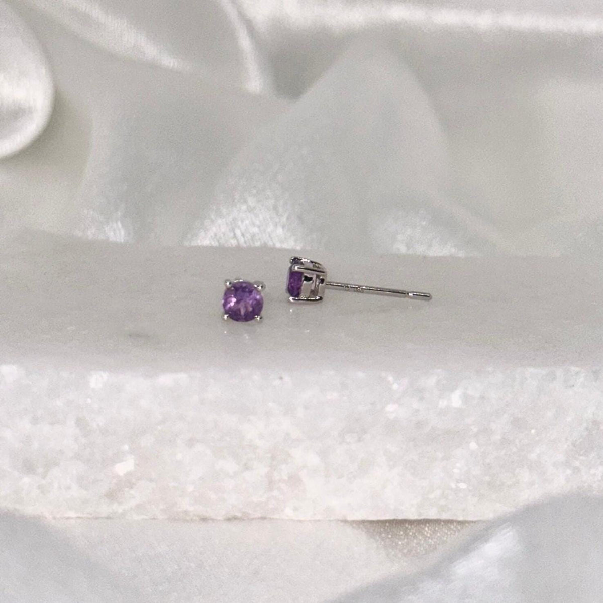 14k White Gold Amethyst Stud Earrings, 4mm Round Solitaire, February Birthstone