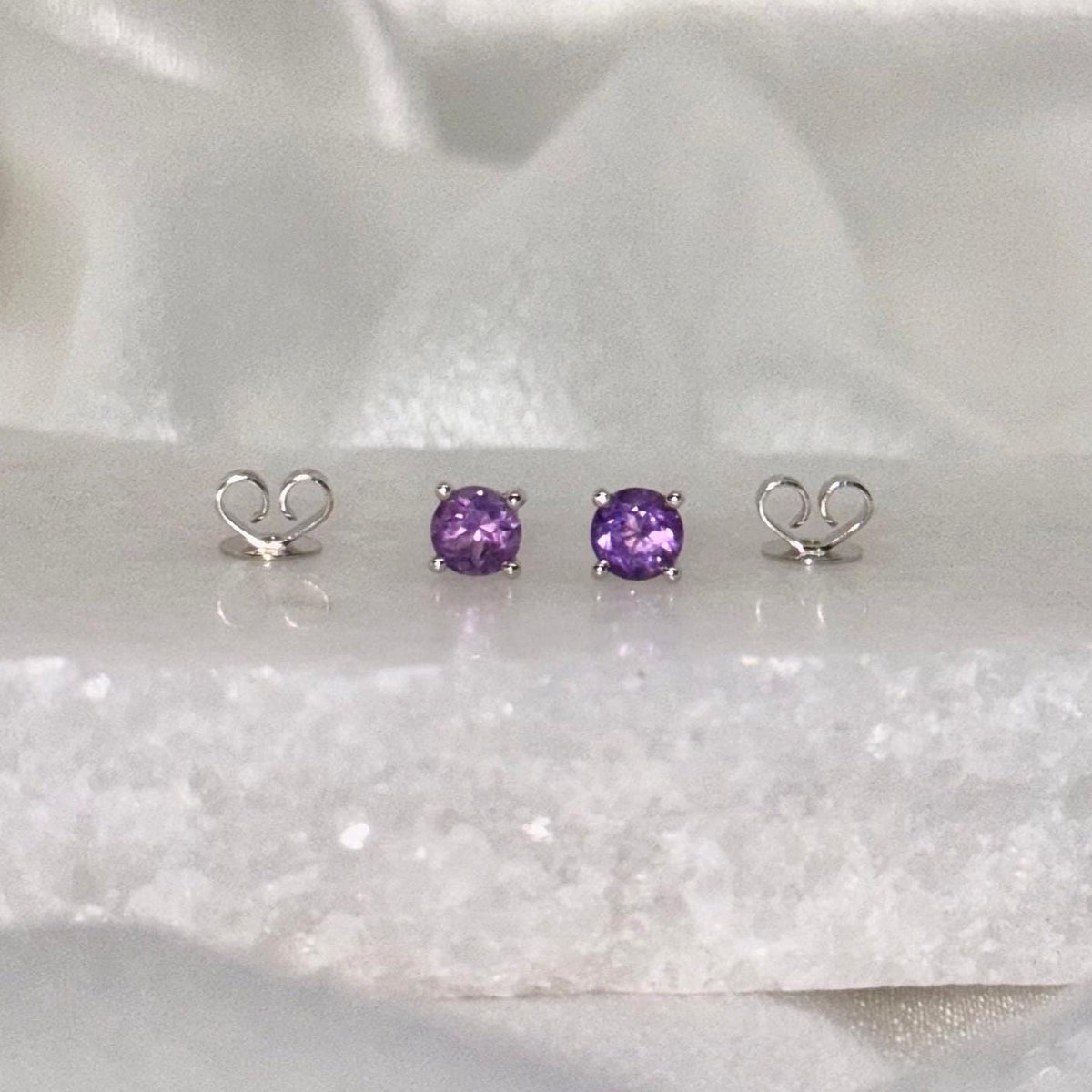 14k White Gold Amethyst Stud Earrings, 4mm Round Solitaire, February Birthstone