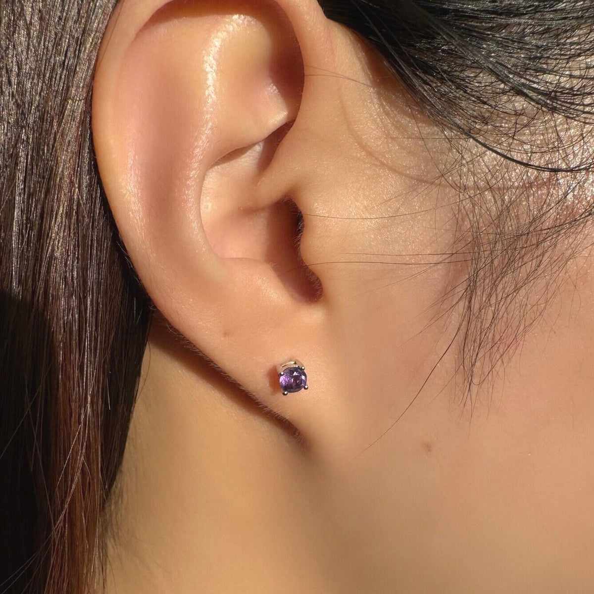 14k White Gold Amethyst Stud Earrings, 4mm Round Solitaire, February Birthstone