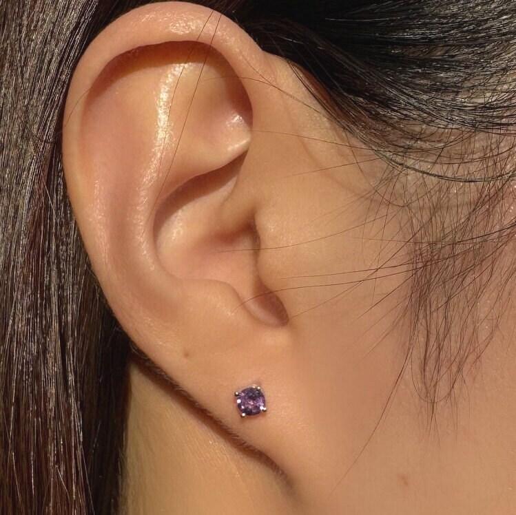 14k White Gold Amethyst Stud Earrings, 4mm Round Solitaire, February Birthstone
