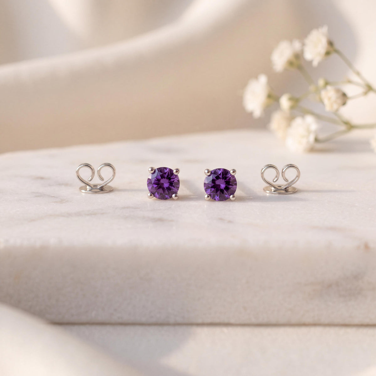 14k White Gold Amethyst Stud Earrings, 4mm Round Solitaire, February Birthstone