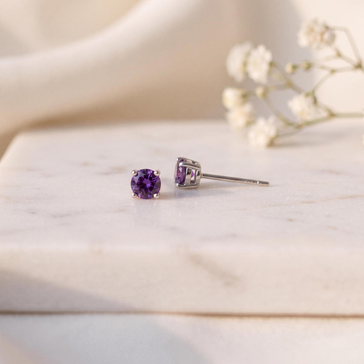 14k White Gold Amethyst Stud Earrings, 4mm Round Solitaire, February Birthstone