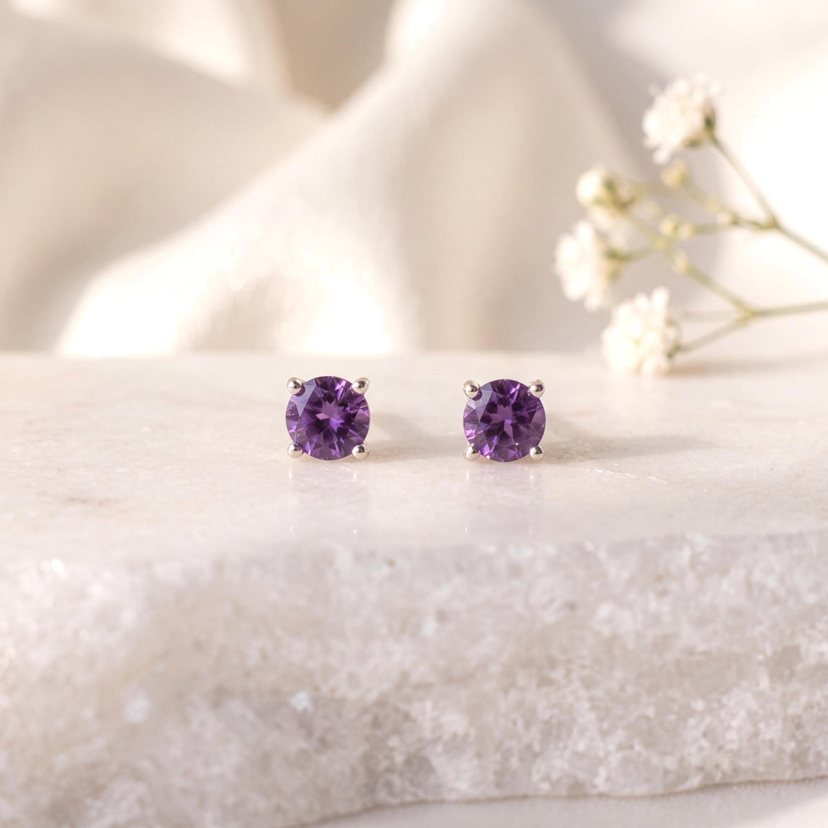 14k White Gold Amethyst Stud Earrings, 4mm Round Solitaire, February Birthstone