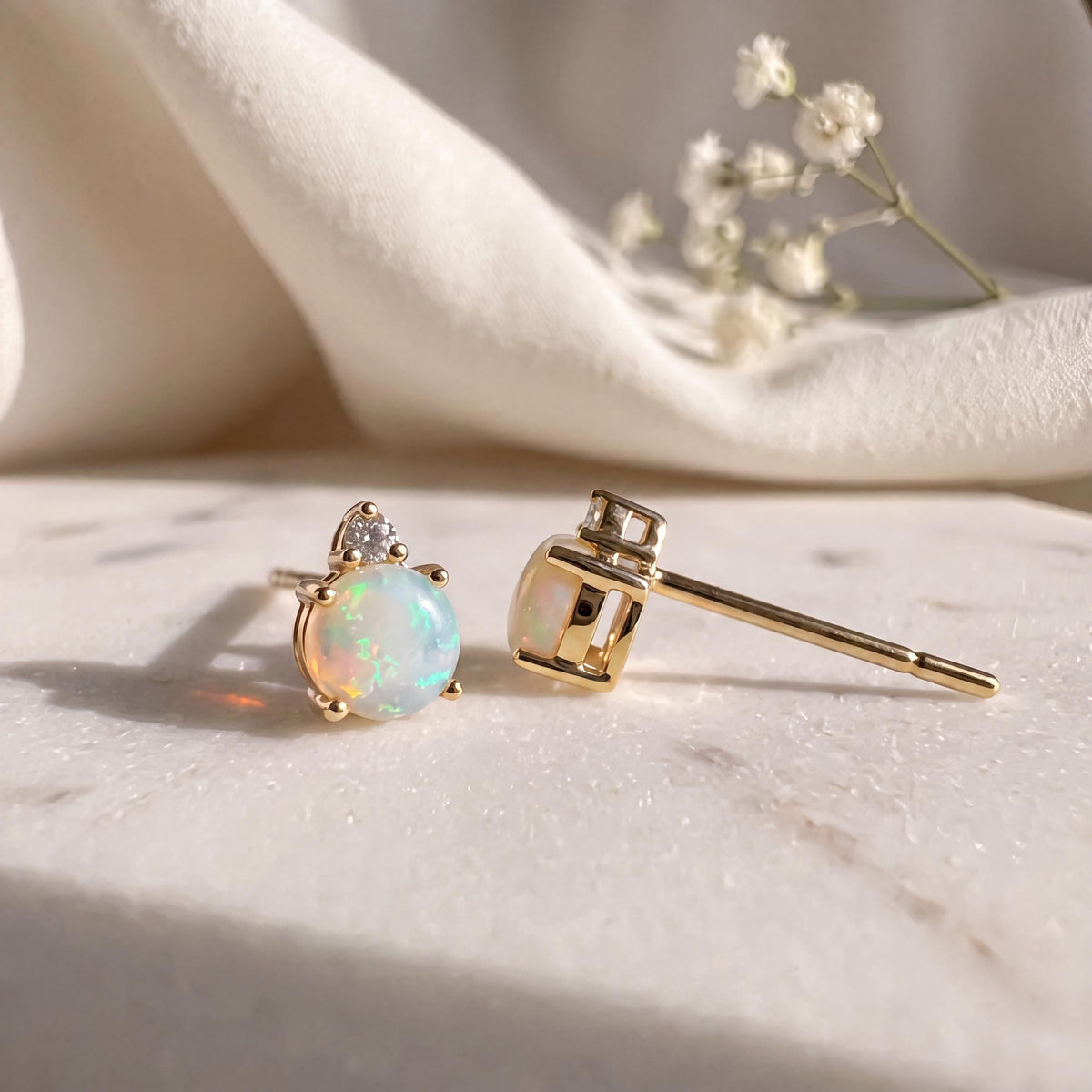 14k Gold Opal Diamond Stud Earrings, 4mm Round Cut, October Birthstone