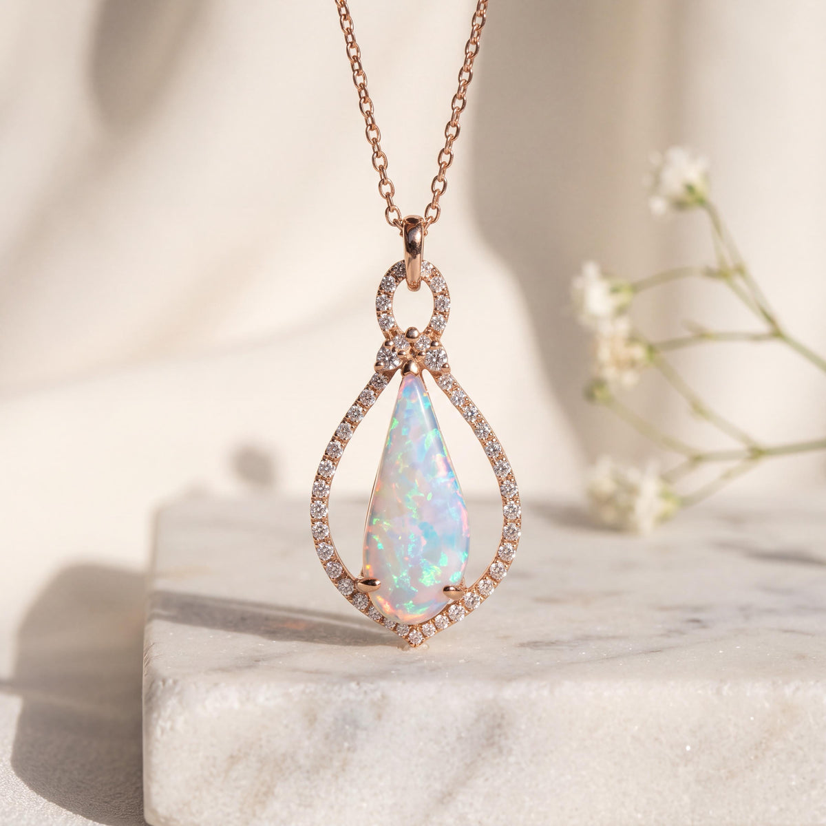 Genuine 2.27 ct Opal and Diamond Pendant in 14k Solid Rose Gold