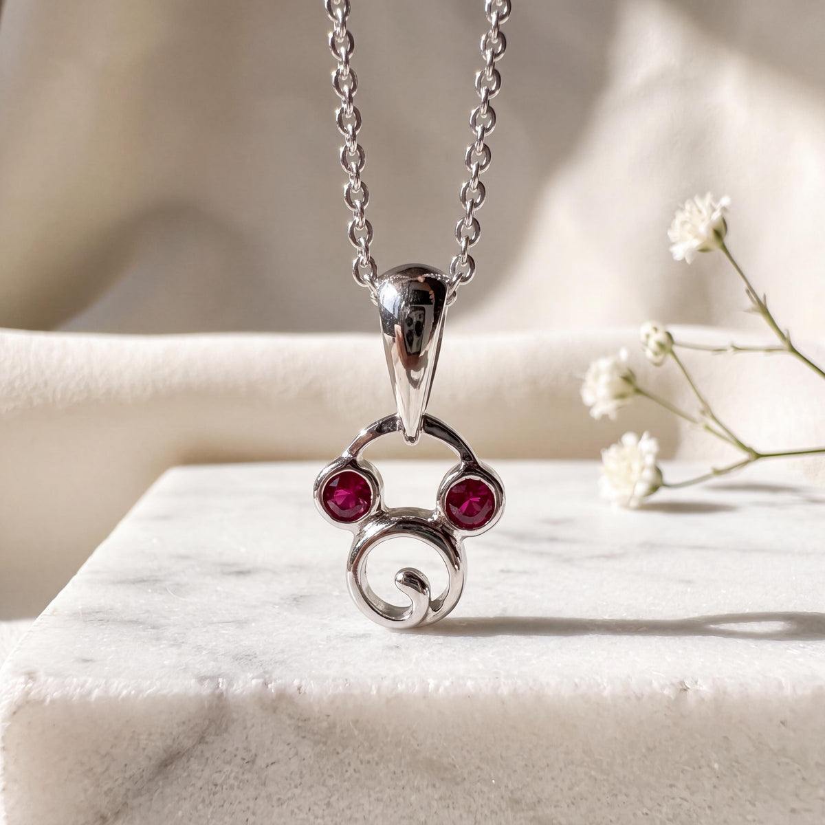 Genuine Ruby Round Cut Mickey Pendant in 18k Solid White Gold
