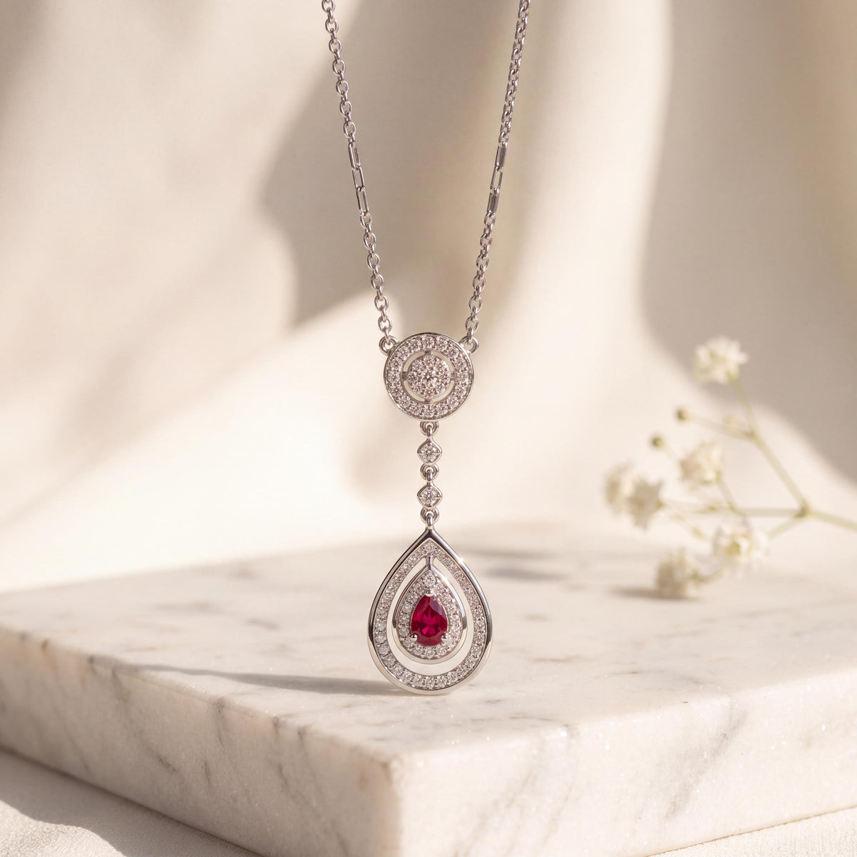 Genuine 0.45 ct Teardrop Ruby and Diamond Necklace in 18k Solid White Gold