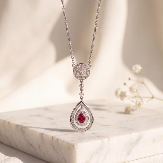 Genuine 0.45 ct Teardrop Ruby and Diamond Necklace in 18k Solid White Gold