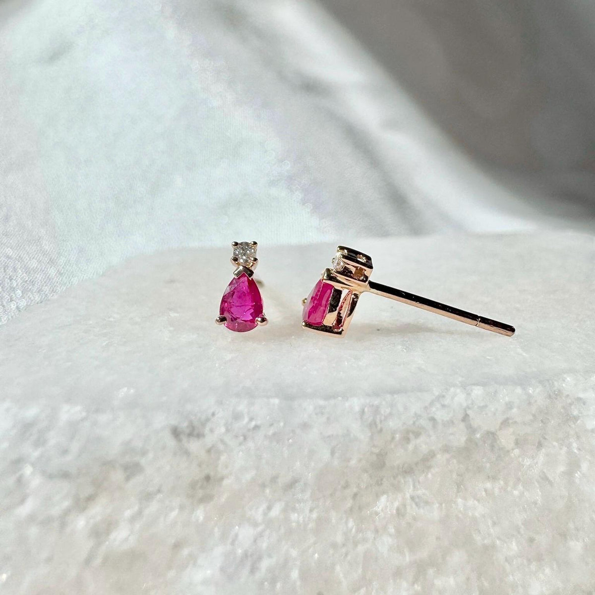 14k Solid Gold Ruby Diamond Teardrop Stud Earrings, July Birthstone Gift